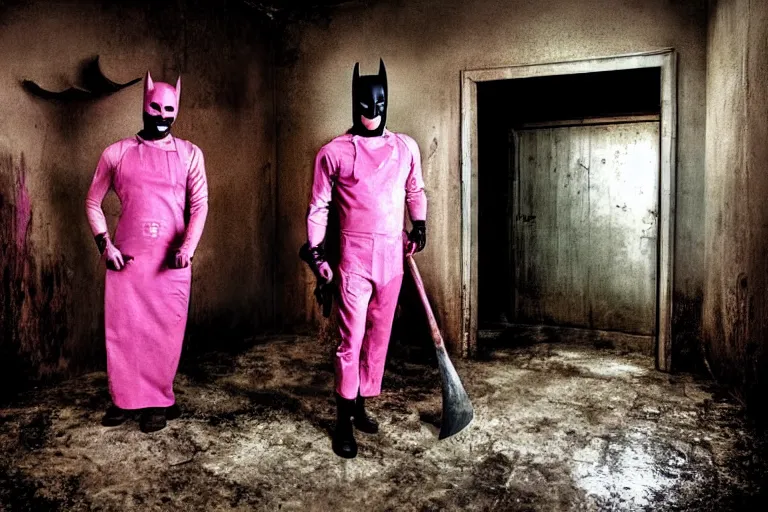 Image similar to batman wearing pink apron wielding an axe, chasing through old brown decrepit hallway, creepy smile, atmospheric eerie lighting, dim lighting, bodycam footage, photograph