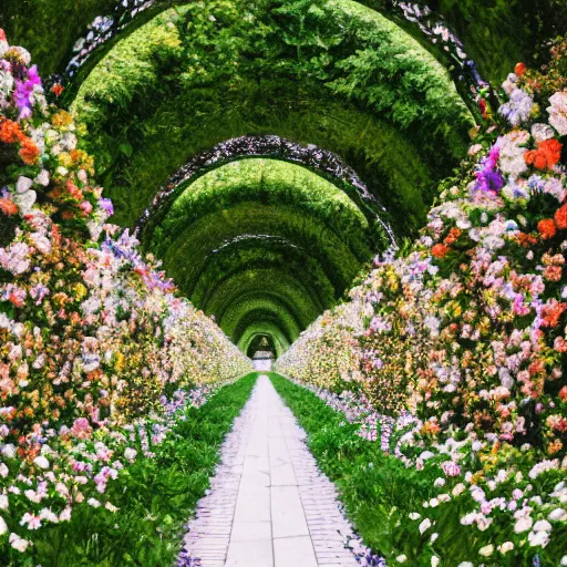 Prompt: photo of an endless heavenly corridor filled with flowers