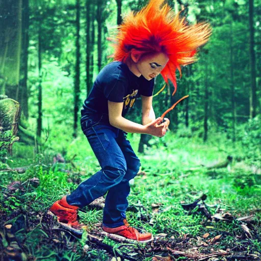 Image similar to a photo of a boy with firey hair in the woods training his powers 1 9 7 7 photo, realistic, photorealistic, detailed,