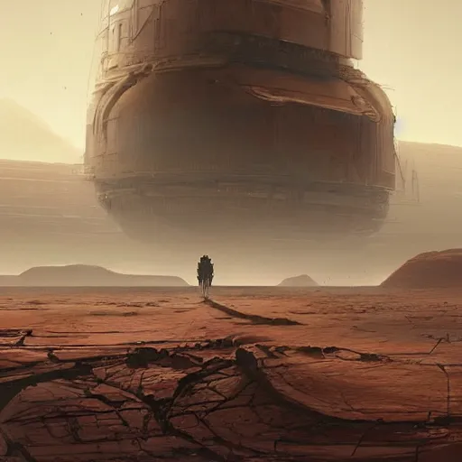 Prompt: highly detailed concept art of walking big residental megastructure with legs on Mars desert trending on Artstation by Daniel Dociu and Greg Rutkowski, high quality, nomadic urbanism, moving city from John Carter, sci-fi, futuristic, architecture