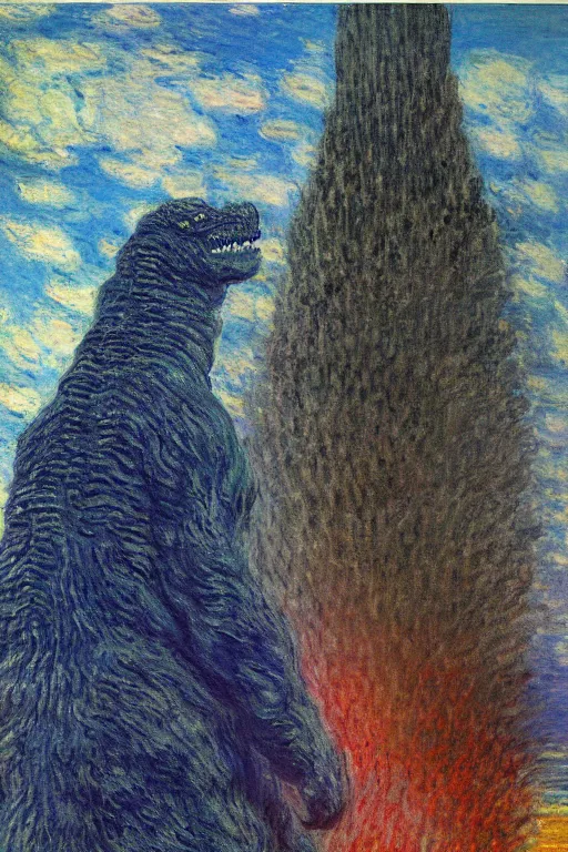 Image similar to shinzo abe head on Godzilla painting by claude monet