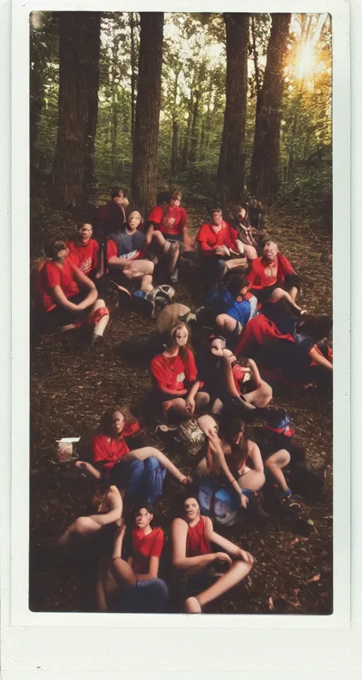 Image similar to polaroid photo of 9 0's highschool teenagers camping in the woods by a river holding red cups, sunset, campfire, realistic, grainy image, iso 1 6 0 0, blurred