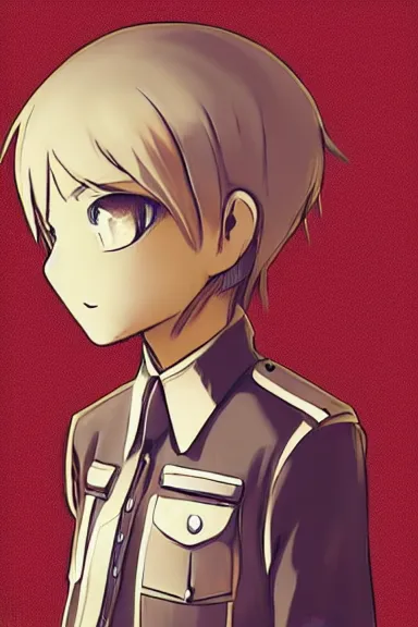 Image similar to beautiful little boy in nazi male uniform posing with an gun. made in abyss art style, sharps focus, cute detailed artwork, anatomically correct, ilya kuvshinov, reflection, perfect composition, wallpaper mobile, digital art, detailed anime soft face, symmetrical face, western comic, illustration, realistic, smooth, lois van baarle, soft details, illumination