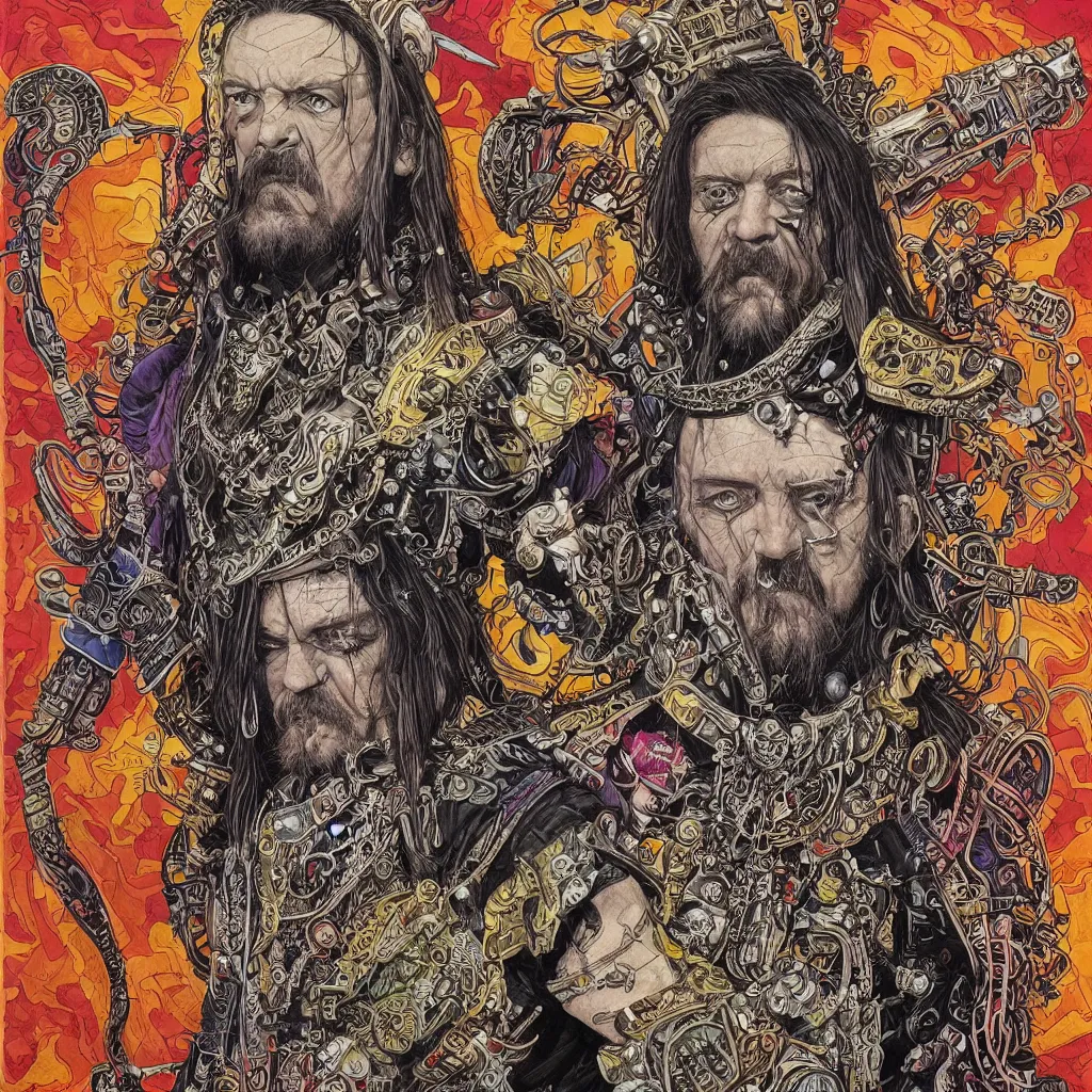Prompt: A dramatic full-color art nouveau and tribal viking styled bust panorama portrait of lemmy kilmister as a spacepunk god-king of the universe, hyperdetailed mixed media artwork combining the styles of Travis Charest, Michael Whelan, Bill Sienkiewicz, Duncan Fegredo, Simon Bisley, Alphons Mucha, Dave McKean and Karol Bak, vast power, stoicism, pessimism, confident shaded eyes, tarnished and rusted metal, wrought iron architecture, perfectly symmetrical facial features, 8k, deeply hyperdetailed, cinematic lighting, realistic mechanical details, 8k, UHD, HDR