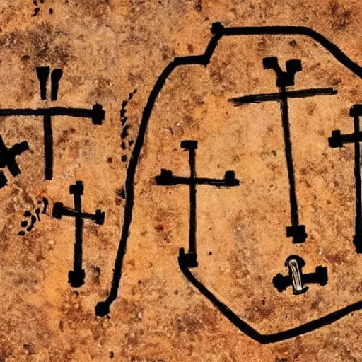 Image similar to cave painting, ultra hd, depiction of crosses and ufos, very detailed