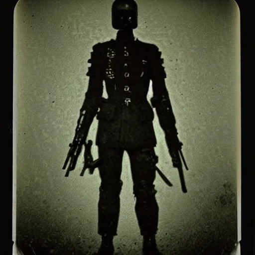 Image similar to full-body dark creepy gothic realistic found photograph polaroid a decapitated soldier with futuristic elements. he welcomes you under with no head, empty helmet inside is occult mystical symbolism headless full-length view. standing on ancient altar eldritch energies disturbing frightening, hyper realism, 8k, sharpened depth of field, 3D