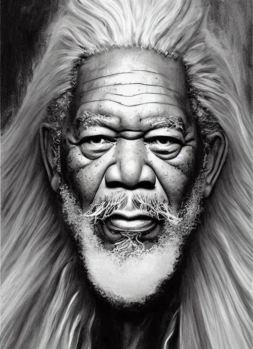 Prompt: portrait of morgan freeman as evil saurman the white, long white hair and white beard, long white flowing robes, long black wizard staff by alan lee, lord of the rings, smooth, oil painting, matte painting, concept art, trending on artstation, promotional artwork, film still, elegant, photorealistic facial features, intricate, detailed face, cinematic lighting