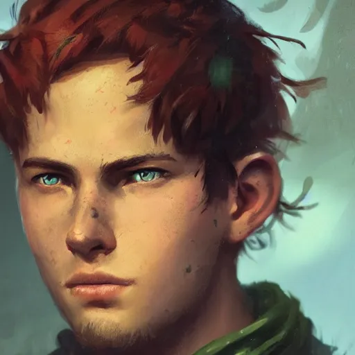 Prompt: masterpiece closeup portrait of a young man with short red hair and green eyes, wearing adventuring gear, by Greg Rutkowski, 4k, masterpiece, cinematic, dungeons and dragons, detailed