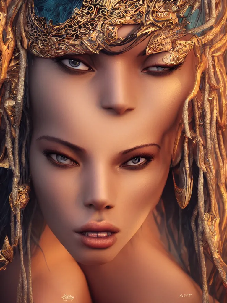 Image similar to a centered render of an alluring tribal goddess full body gorgeous face perfect face powerful, by anna dittmann 3 d trending on artstation, octane render, 8 k