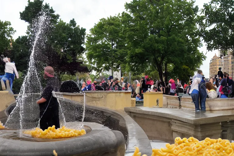 Prompt: a public fountain filled with macaroni and cheese