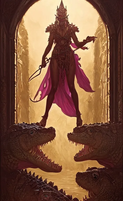 Prompt: crocodile godess in temple portal, reptilian skin, d & d, fantasy, intricate, elegant, highly detailed, digital painting, artstation, concept art, matte, sharp focus, illustration, art by artgerm and greg rutkowski and alphonse mucha