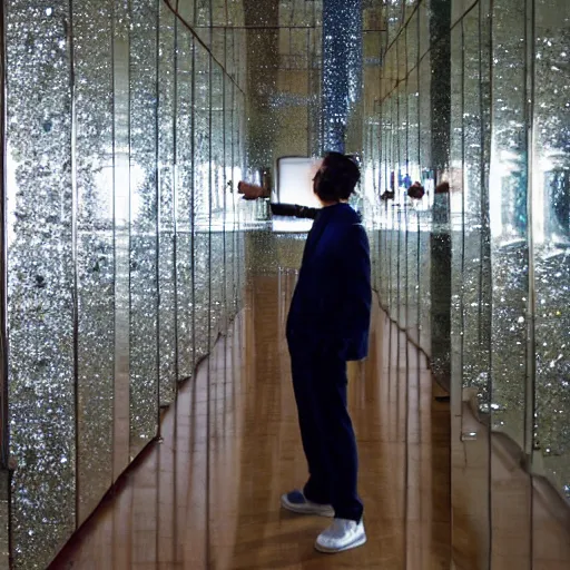 Image similar to a man taking a selfie in front of a large mirror wall, a tilt shift photo by leandro erlich, featured on cg society, kitsch movement, hall of mirrors, high dynamic range, studio portrait