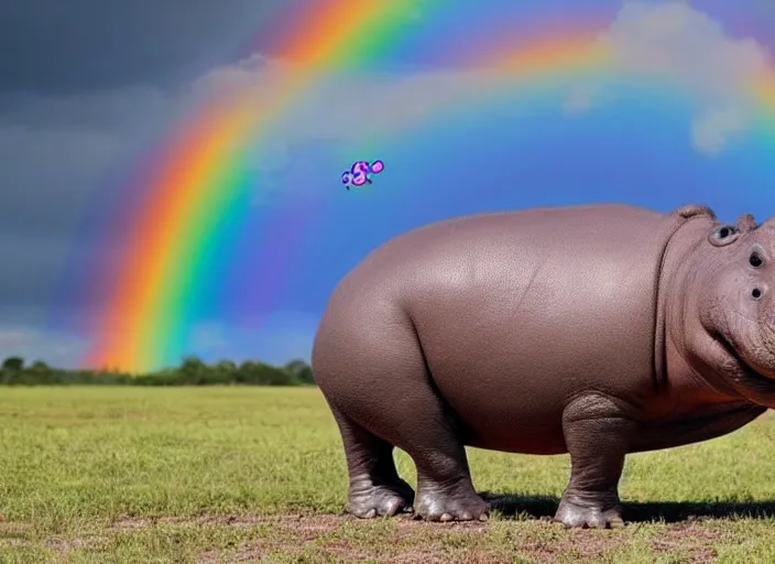 Image similar to a hippo has a propeller on its back instead of its tail and flies over a rainbow which is coming out of a crocs shoe