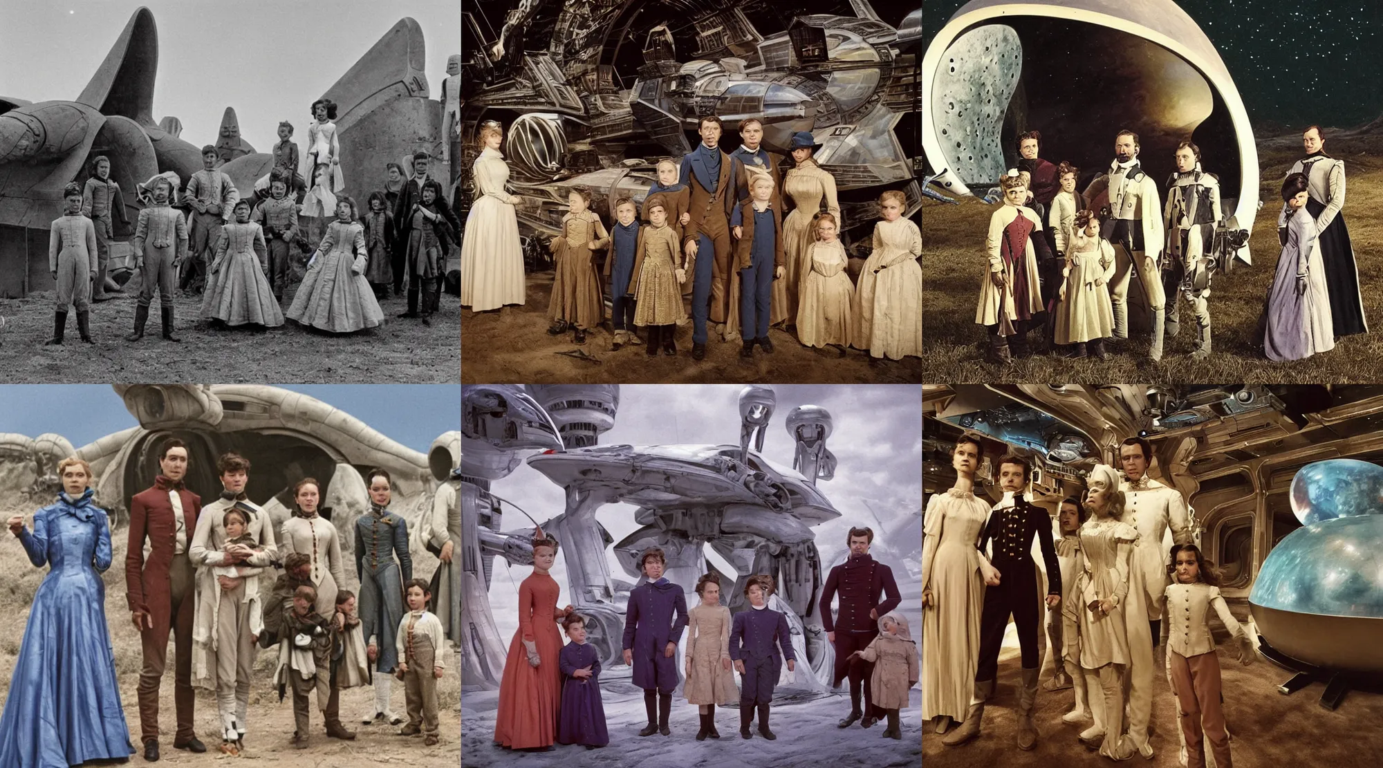 Prompt: sharp, detailed, 256k film still from a sci fi blockbuster color movie made in 2022, set in 1860, of a family standing in front of a spaceship that has just landed on an alien planet, a humanoid alien creature stands nearby, the family are all wearing 1850s era clothes, cinematic lighting, good photography, sharp focus