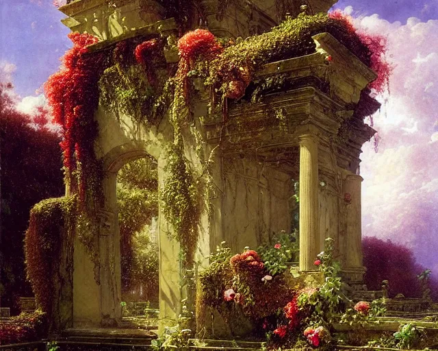 Image similar to Arcane temple of love, ivy and florid overgrowth, flowers, radiant light, ferdinand knab