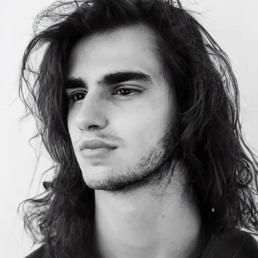 Image similar to portrait of 2 2 year old man with long messy brown hair, long face, strong brow