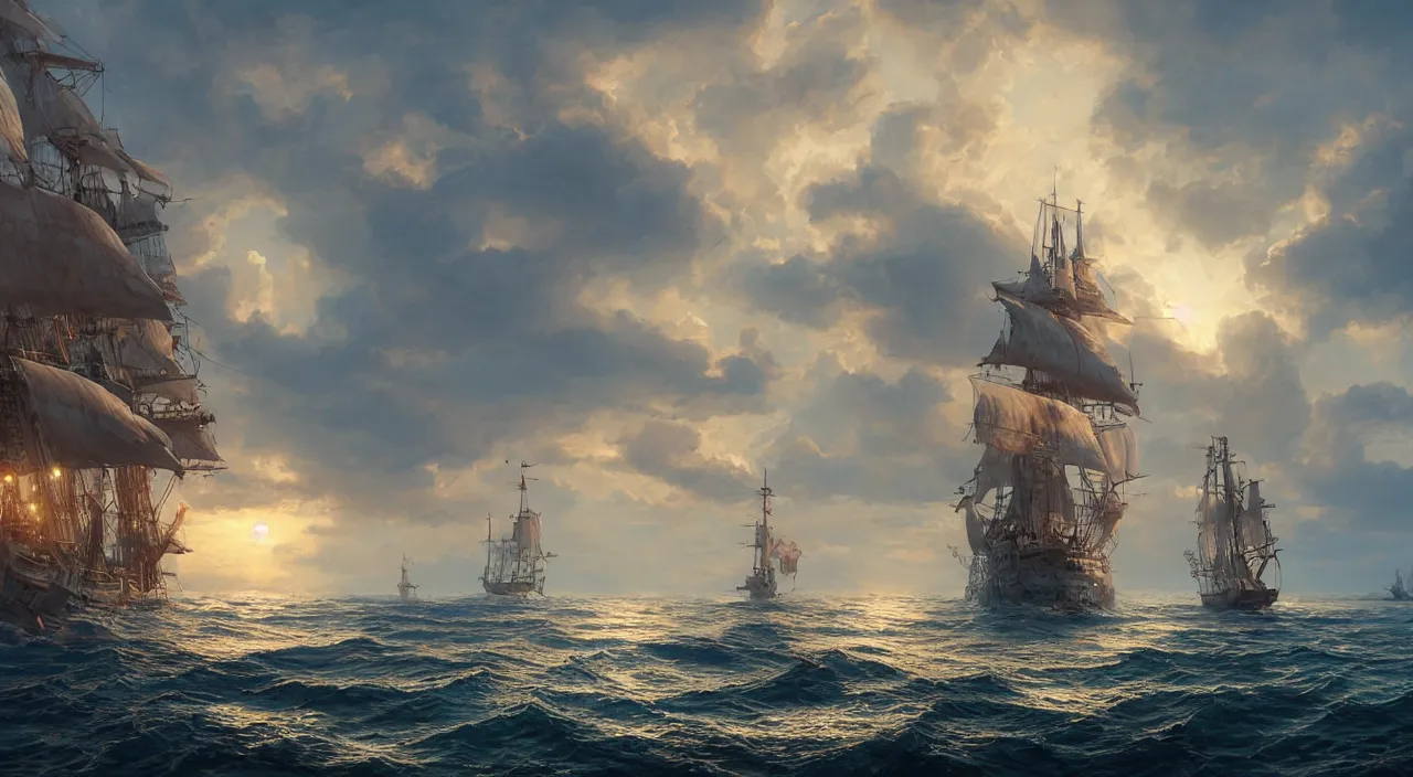 Prompt: hyper realistic detailed matte painting of galleon sailing towards the rising sun, calm ocean, sunset lighting, cloudless sky, hyperdetailed unreal engine 8 k ultra hd, stanley artgerm lau, rossdraws, james jean marc simonetti ruan jia and mandy jurgens and artgerm and william illustration, digital art, concept art