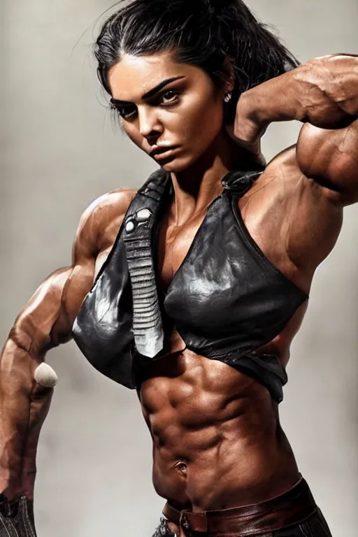 Prompt: realistic photograph. warrior woman. imposingly tall, broadshouldered, jacked muscular woman. half black half arab. dark skin. face like kendall jenner, dark complexion. hair has white stripe white streak in hair over left ear. modest practical soft brown leather clothing. fully dressed. massively jacked physique. in her 3 0's. ranger. female. clothed.