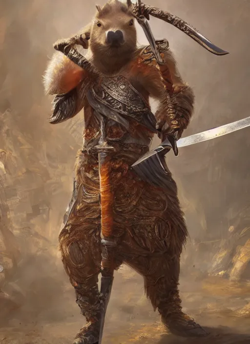 Image similar to detailed full body concept art illustration, oil painting on canvas of an anthropomorphic capybara barbarian swinging a broad sword in full intricate clothing, biomutant, dystopian, micro detail, octane render, 4K