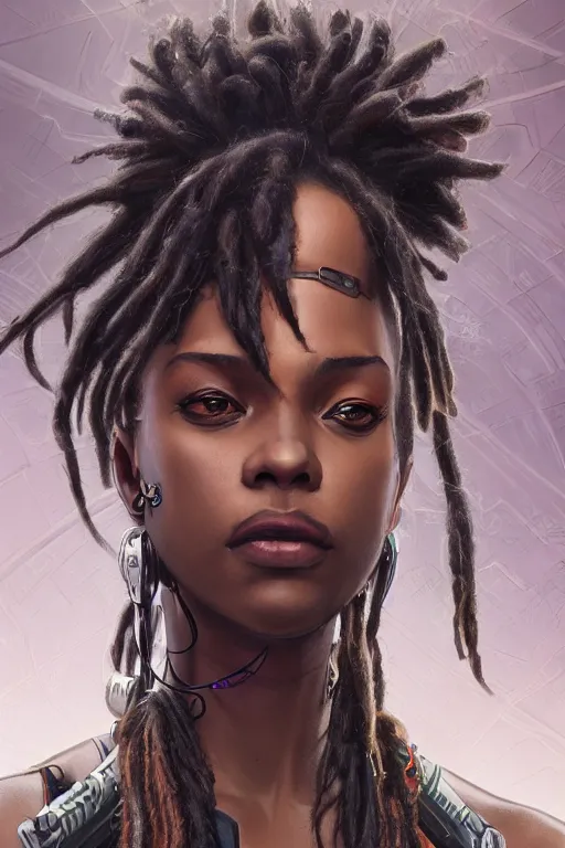 Image similar to ultra realistic illustration, closeup studio photo, black woman with dreads, hacknaut cyberpunk, sci - fi, fantasy, intricate, elegant, highly detailed, digital painting, artstation, concept art, smooth, sharp focus, illustration, art by artgerm and greg rutkowski and alphonse mucha