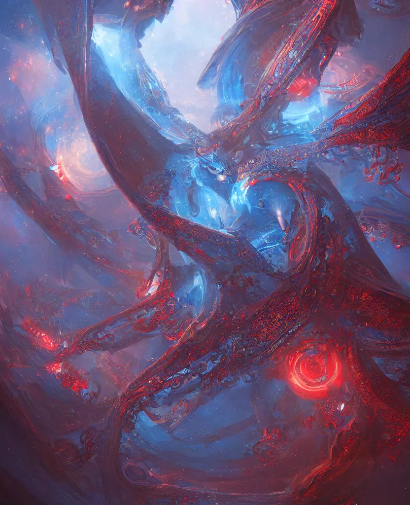 Prompt: structure of the oracle, blue colors with red accents, intricate and ornate, highly detailed fantasy digital painting by jessica rossier