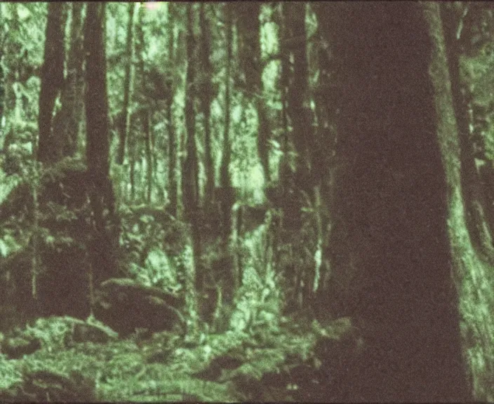 Image similar to a still frame from vhs footage of a creature in a forest, grainy, creature in view, scary, color