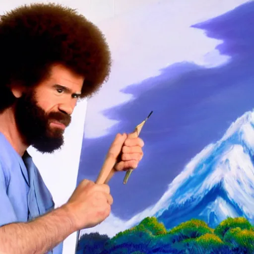 Image similar to a closeup photorealistic photograph of bob ross working on a canvas painting sonic the hedgehog. film still. mountain scape. brightly lit scene. this 4 k hd image is trending on artstation, featured on behance, well - rendered, extra crisp, features intricate detail, epic composition and the style of unreal engine.