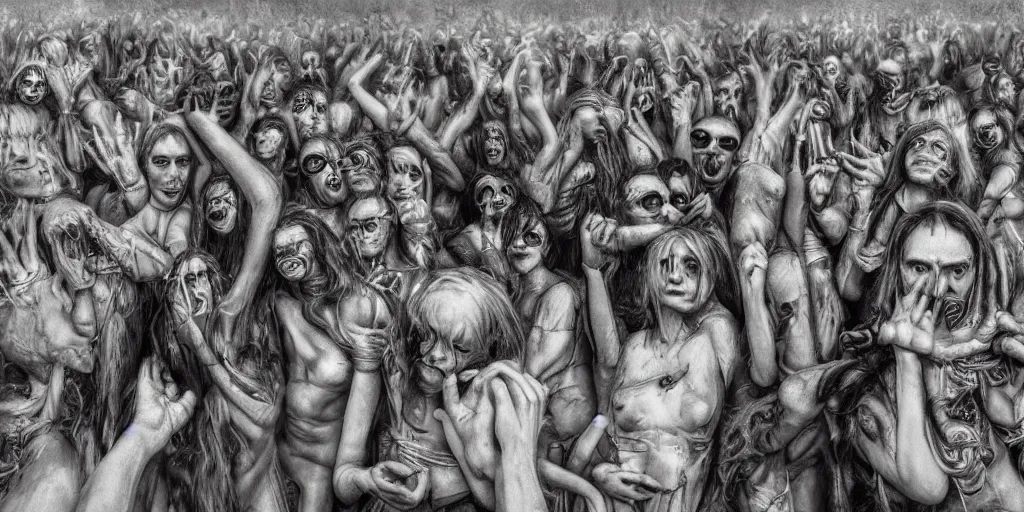 Image similar to Photorealistic people at woodstock 99 by H.R. Giger, KDA and Sam Yang, trending on artstation