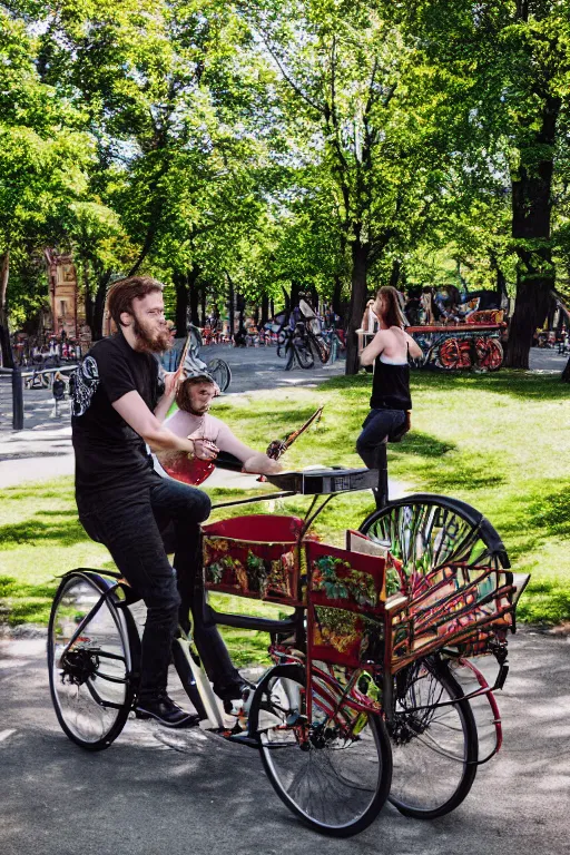 Image similar to band playing in the park with christiania cargobike. Summer. Cinematography, mega scans, cinematic, hyper realistic, photo realistic, cinematic composition, highly detailed, vray, 8k render