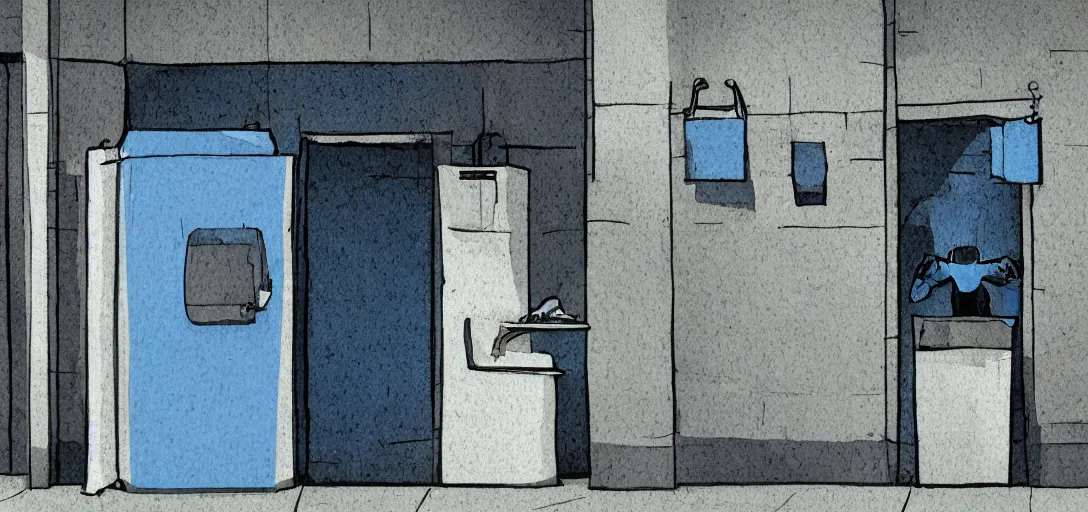 Prompt: a ghost queuing to use a public toilet, cinematic, blue, digital art