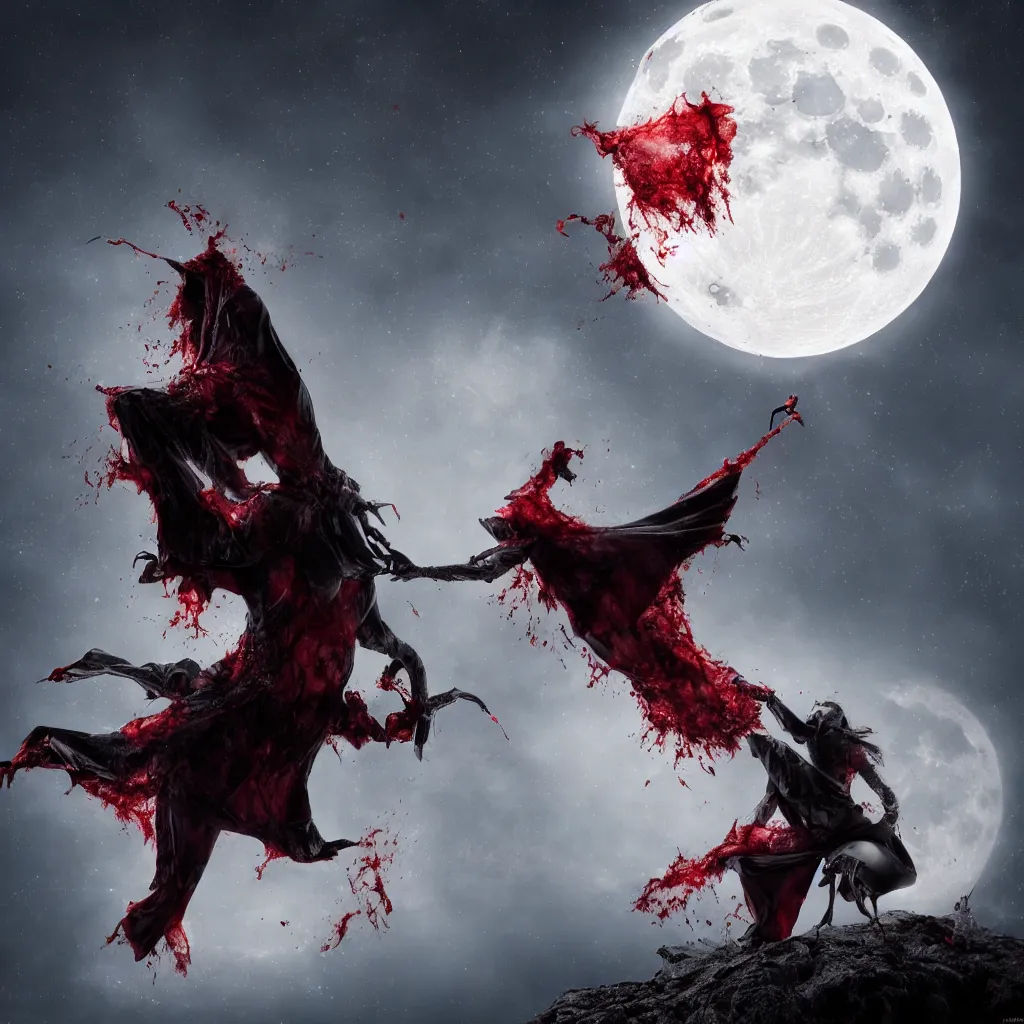 Image similar to bloody menacing vampire opening its mouthx baring its fangs under the moon with vapor in twilight, darkart, hyperdetailed, hyperealistic, cinematography, 8k,beautiful