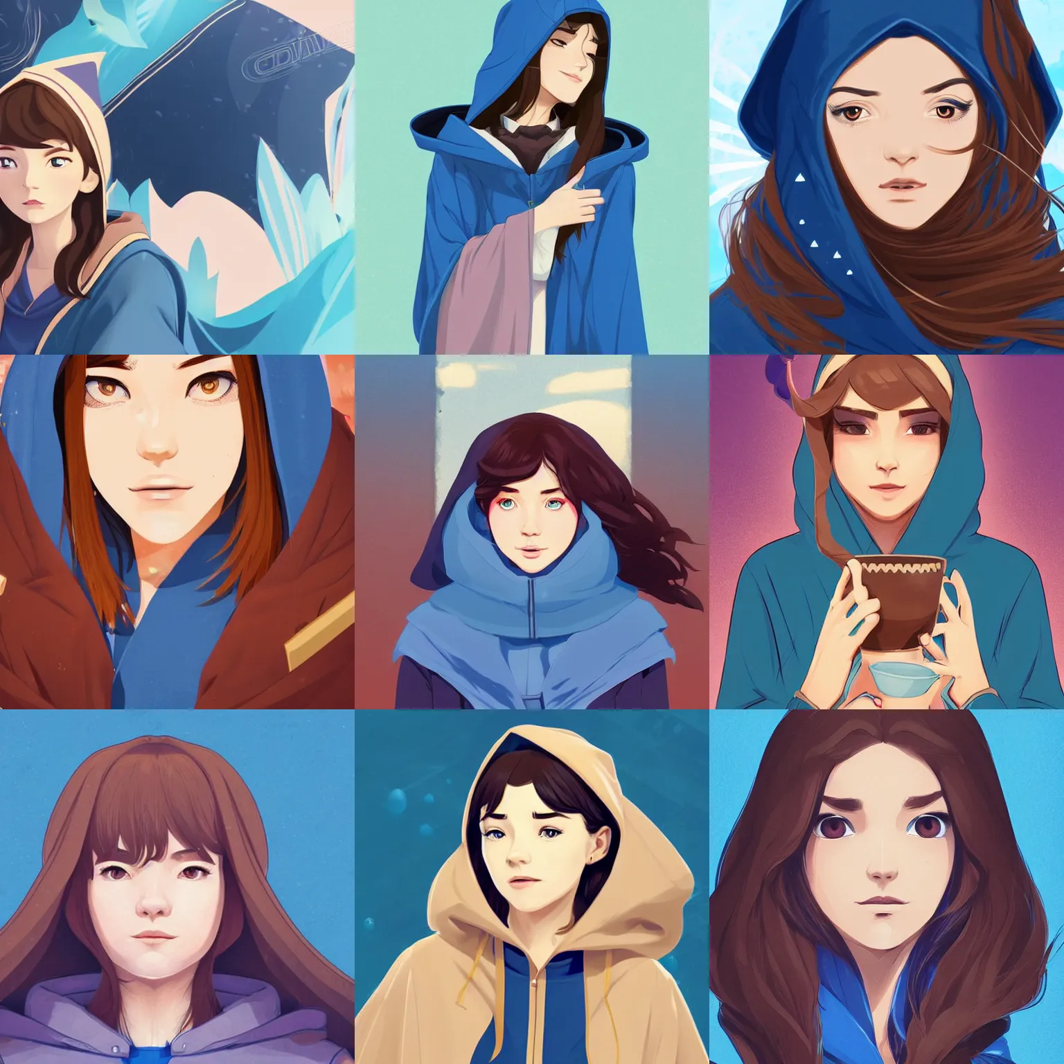 Prompt: portrait of a female wizard with brown hair wearing a blue hood and blue robe, clean cel shaded vector art. shutterstock. behance hd by lois van baarle, artgerm, helen huang, by makoto shinkai and ilya kuvshinov, rossdraws, illustration
