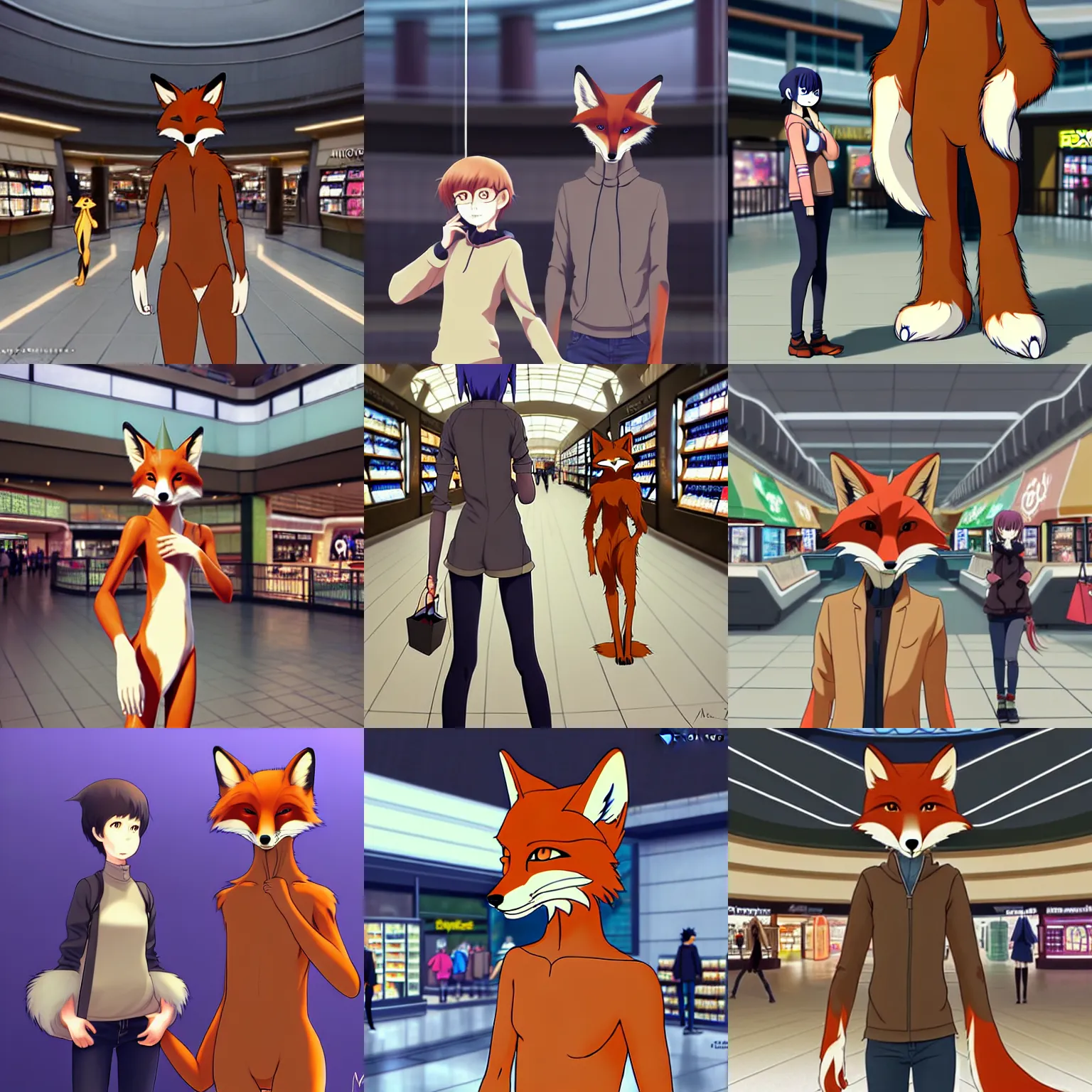 Image similar to an anthropomorphic humanoid natural furry ( ( fox ) ) person shopping at a futuristic mall, photorealistic!!!!, anime!!!!, makoto shinkai, james gurney, don!!!! bluth!!!!, disney, hibbary, dark natasha, goldenwolf, furaffinity, fursona, commission