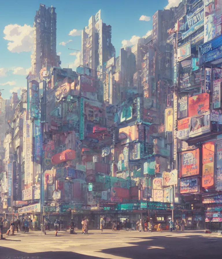 Image similar to A highly detailed matte painting of Buildings with Billboards and neonsigns by Studio Ghibli, Makoto Shinkai, by Artgerm, by WLOP, by Greg Rutkowski, volumetric lighting, octane render, 4K resolution, trending on artstation, masterpiece