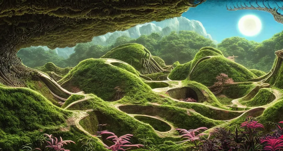 Image similar to axolotl, huge woodlouse, bones of dead animals, solovetsky labyrinths, a landscape on the moon with craters, a lot of exotic vegetations, trees, tea terraces, a beautiful flowering garden, intricate detaild, pale colors, 8 k, in the style of martin johnson heade and roger dean