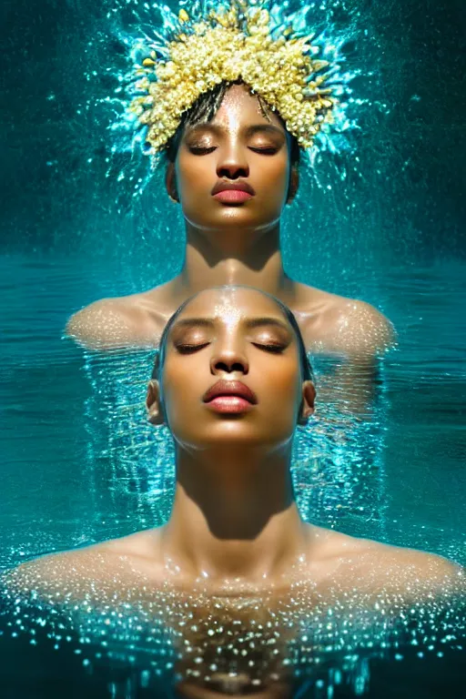 Prompt: hyperrealistic post - classical cinematic very beautiful! black oshun goddess with white eyes in water, white body paint, mirror dripping droplet, gold flowers, highly detailed digital art masterpiece, smooth etienne sandorfi eric zener dramatic pearlescent soft teal light, ground angle uhd 8 k, sharp focus