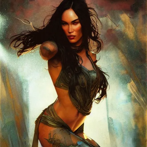 Image similar to megan fox art of elysium by frank frazetta and by jeremy mann and by alphonse mucha, fantasy art, photo realistic, dynamic lighting, artstation, full figure poster, volumetric lighting, very detailed face, 4 k