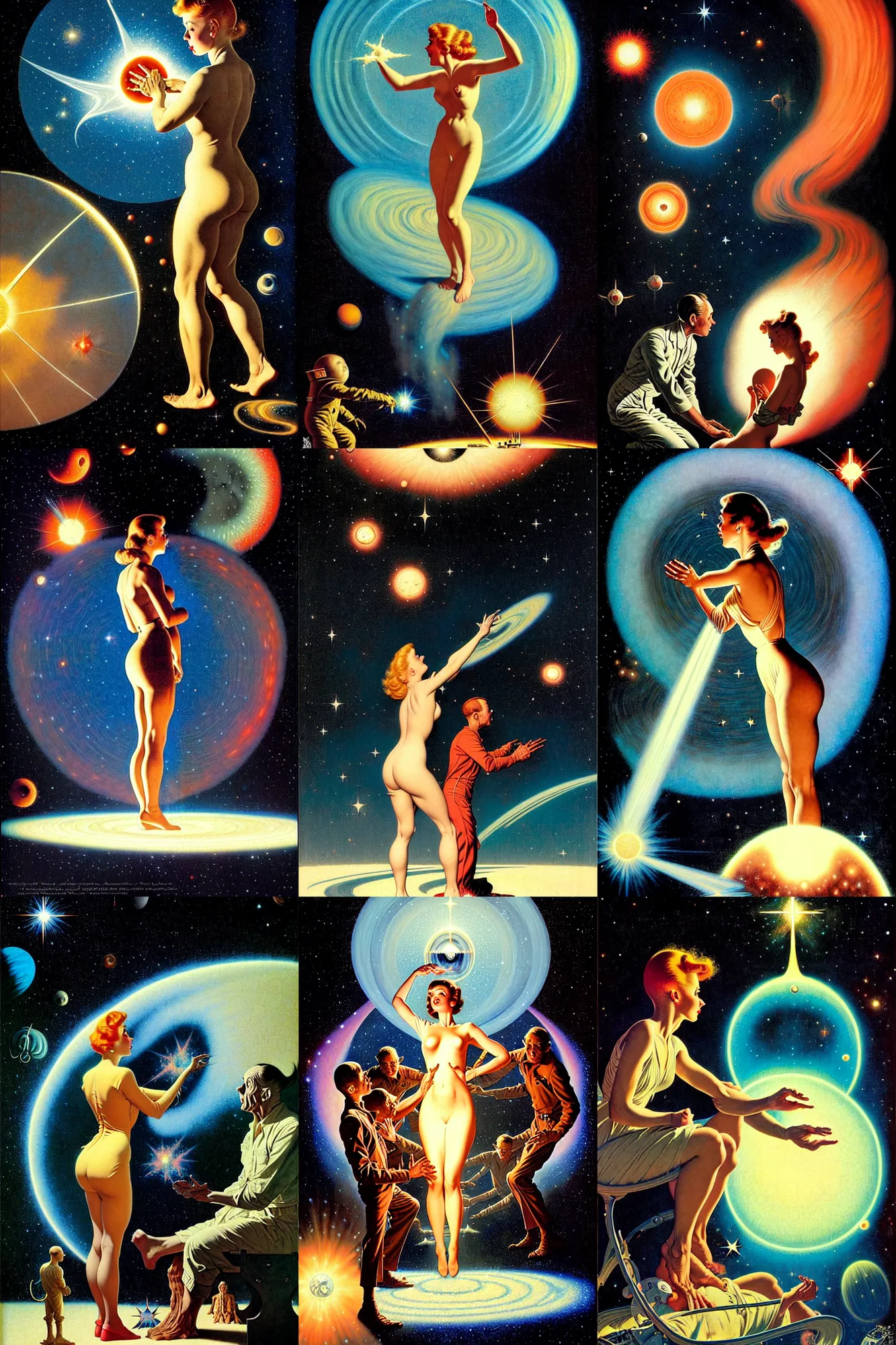 Prompt: the birth of a star by gil elvgren and norman rockwell and rob gonsalves and david mattingly and christopher balaskas and john harris and virgil finlay and dean ellis and jack gaughan, hyperrealistic, high detail, ultra detailed, space, nebula, sharp focus, starbirth