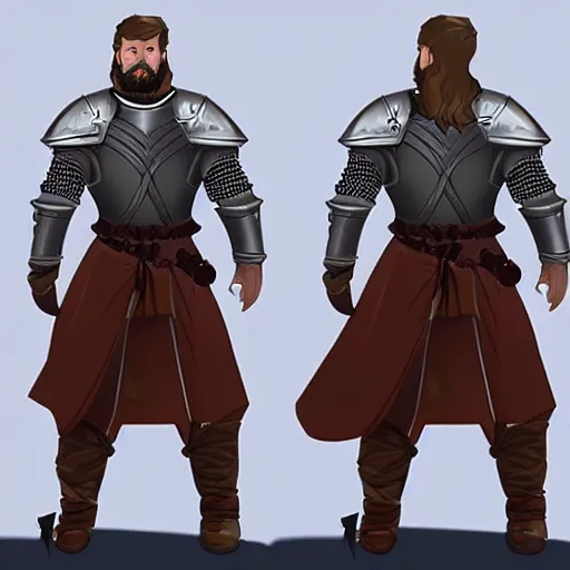Image similar to character concept d & d young scarred captain knight with a steel breastplate, short brown hair and beard. straight nose, lean face and build. hyper detailed
