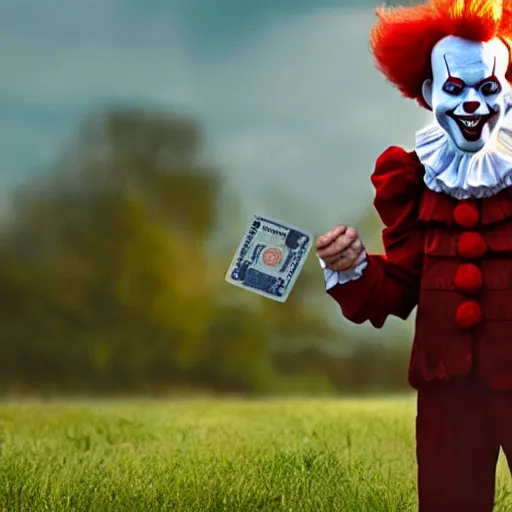 Image similar to Pennywise the clown wearing a business suit and holding a banknote in his hands, full body shot