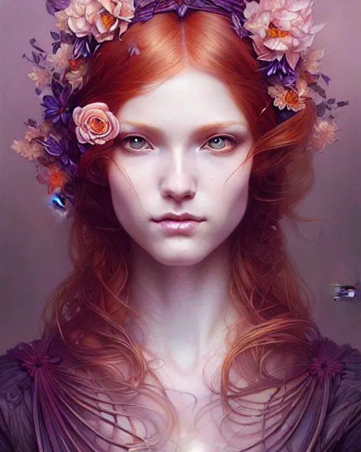 Image similar to Beautiful and playful ethereal ginger portrait, art nouveau, fantasy, intricate flower designs, elegant, highly detailed, sharp focus, art by Artgerm and Greg Rutkowski and WLOP