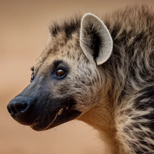 Prompt: close up portrait of a hyena drinking from the oasis