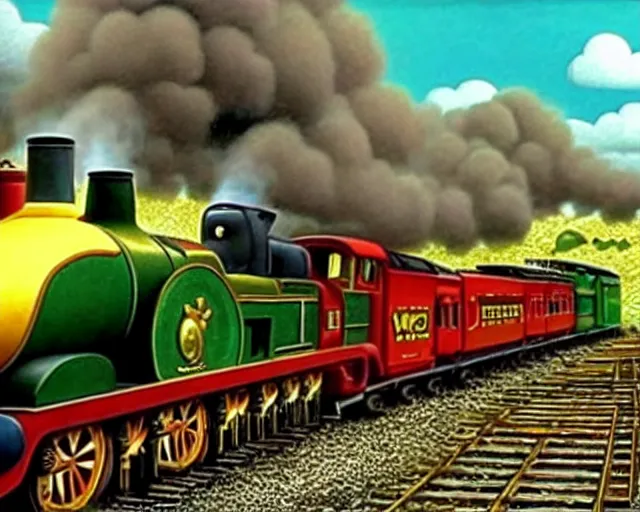 Image similar to locomotive by jack yerka, still frame from thomas and friends by wojciech siudmak, thomas train by rafal olbinski, grandoise surreal train with locomotive and endless wagons, steam _ locomotive steam _ locomotive steam _ locomotive