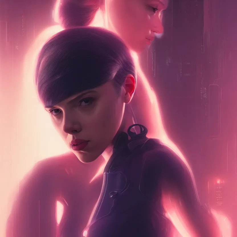 Image similar to 3 / 4 portrait, scarlett johansson as major mira killian from ghost in a shell, night, crop top, beautiful, in a modern city, neon signs, jewelry, artstation, william bouguereau, rossdraws, greg rutkowski, super detailed, realistic, octane render, volumetric, cinematic, 8 k