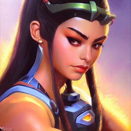 Image similar to detailed portrait symettra from overwatch pokemon intricate, hyper detailed, realistic, oil painting, by julie bell, frank frazetta, cinematic lighting