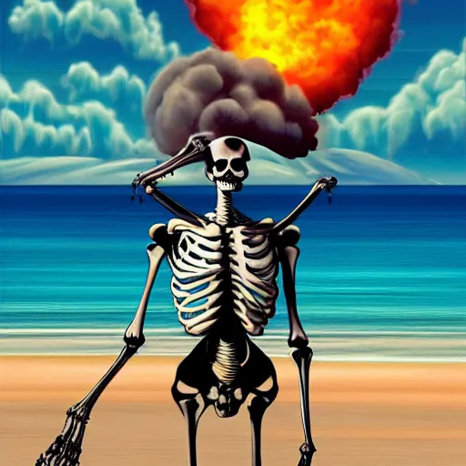 Image similar to Beautiful digital painting portrait of relaxed skeleton walking on the tropical beach with nuclear bomb explosion in the background, high quality, trending on Artstation, realistic, tropical color scheme, anatomically correct skeleton, high coherence, clear blue sky