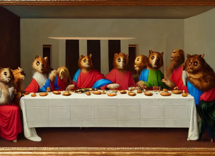 Image similar to furry last supper, oil painting