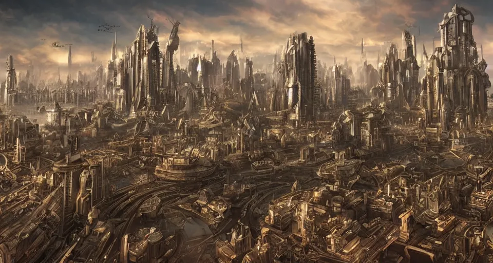 Image similar to view on futuristic city in the horizon, in style of steampunk, detailed, intricate, sharp, 4 k