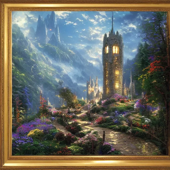 Prompt: thomas kinkade, beautiful tower in lord of the rings