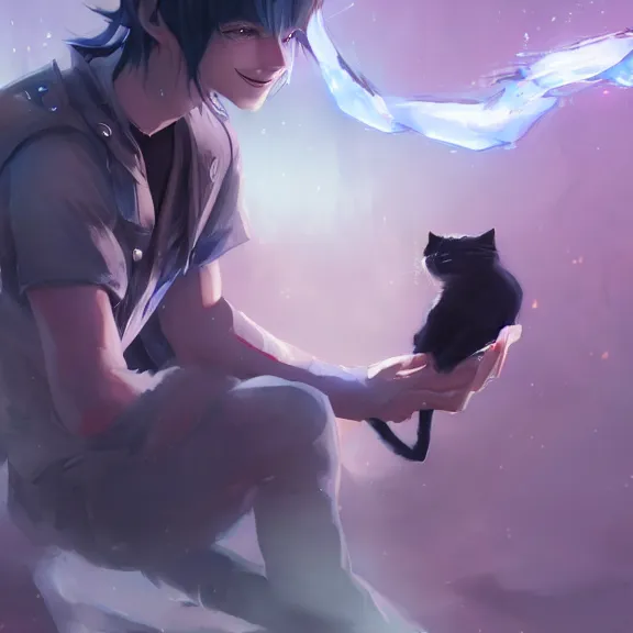 Image similar to emo boy with cat ears and tail, full body, blushing, happy, short smile, hair covering eyes, cinematic lightning, highly detailed, very very very beautiful, trending on Artstation, Unreal Engine 4k, watercolour, pastel, cinematic wallpaper by Stanley Artgerm Lau, WLOP, Rossdraws.